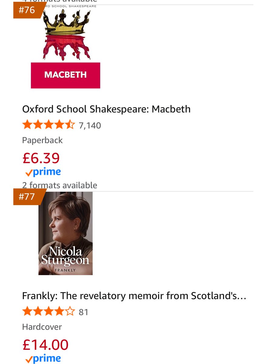 Nicola sturgeon slipping to number 77 in the sales ranking. Macbeth at 76. You couldn’t make it up. “All the perfumes of Arabia will not sweeten this little hand” - lady Macbeth AKA sturgeon.
