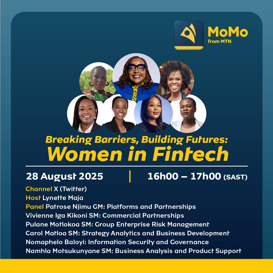 Join us for our Women in Fintech event on Thursday, 28th of August at 16h00 (SAST). 
Tune in for the conversation here: x.com/i/spaces/1vAxR…