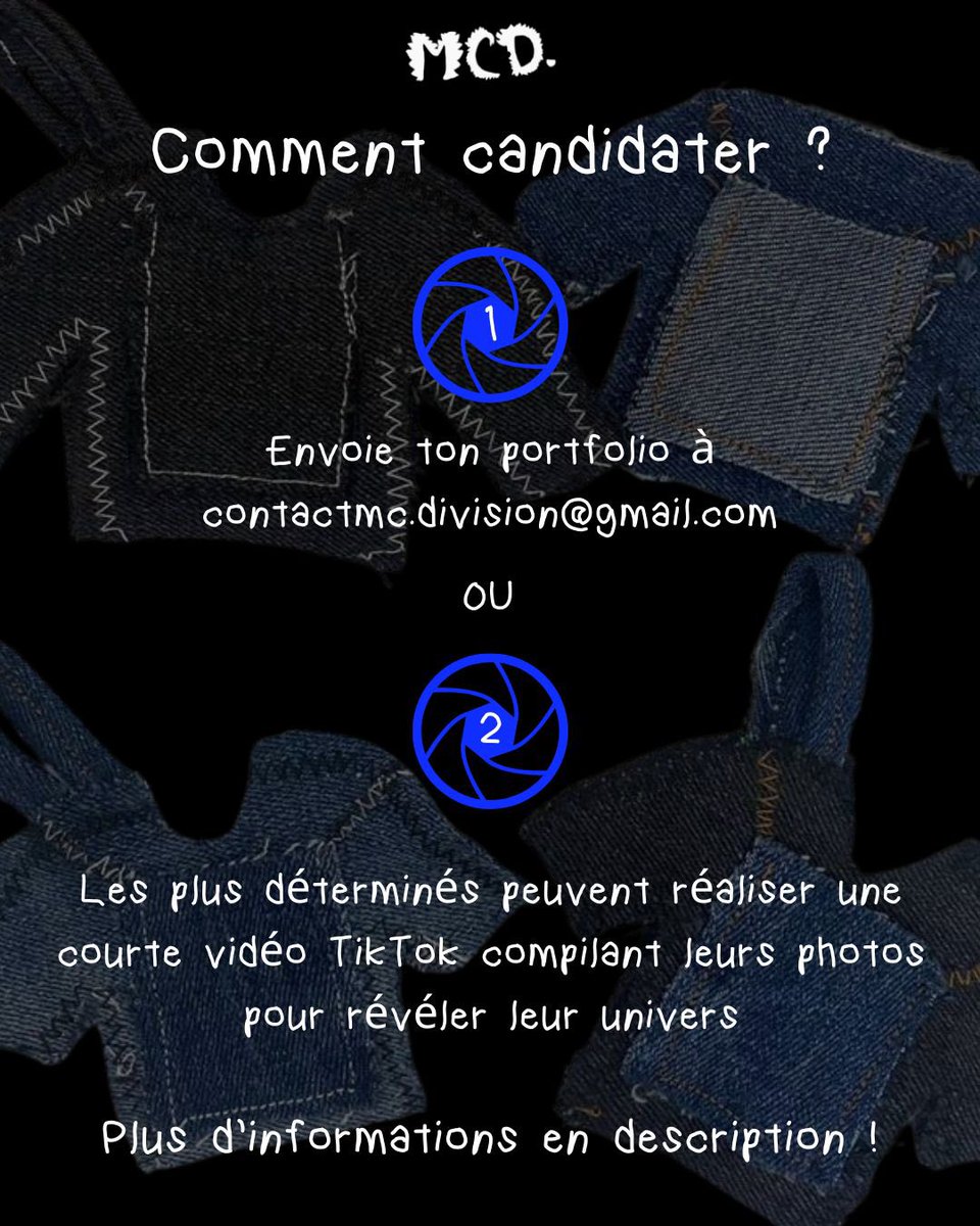 📸 JOB ALERT – PHOTOGRAPHES 

MCD. recherche plusieurs photographes pour son défilé &amp; son pop-up store à Paris.

Pour candidater :
• Envoie ton portfolio ou une série de photos à contactmc.division@gmail.com
OU 
• Pour les plus déterminés : réalise une courte vidéo TikTok #pfw