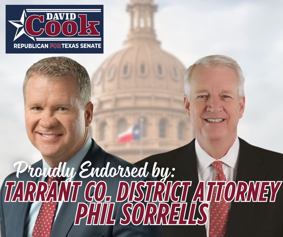 David Cook (@davidcooktexas) on Twitter photo Honored to have <a href="/PhilSorrellsTX/">Phil Sorrells</a>’s endorsement in my race for Senate District 22! Phil’s career reflects the conservative principles Texans expect from their leaders: holding criminals accountable, ensuring justice moves swiftly, and standing with law enforcement. I’m grateful for Honored to have <a href="/PhilSorrellsTX/">Phil Sorrells</a>’s endorsement in my race for Senate District 22! Phil’s career reflects the conservative principles Texans expect from their leaders: holding criminals accountable, ensuring justice moves swiftly, and standing with law enforcement. I’m grateful for