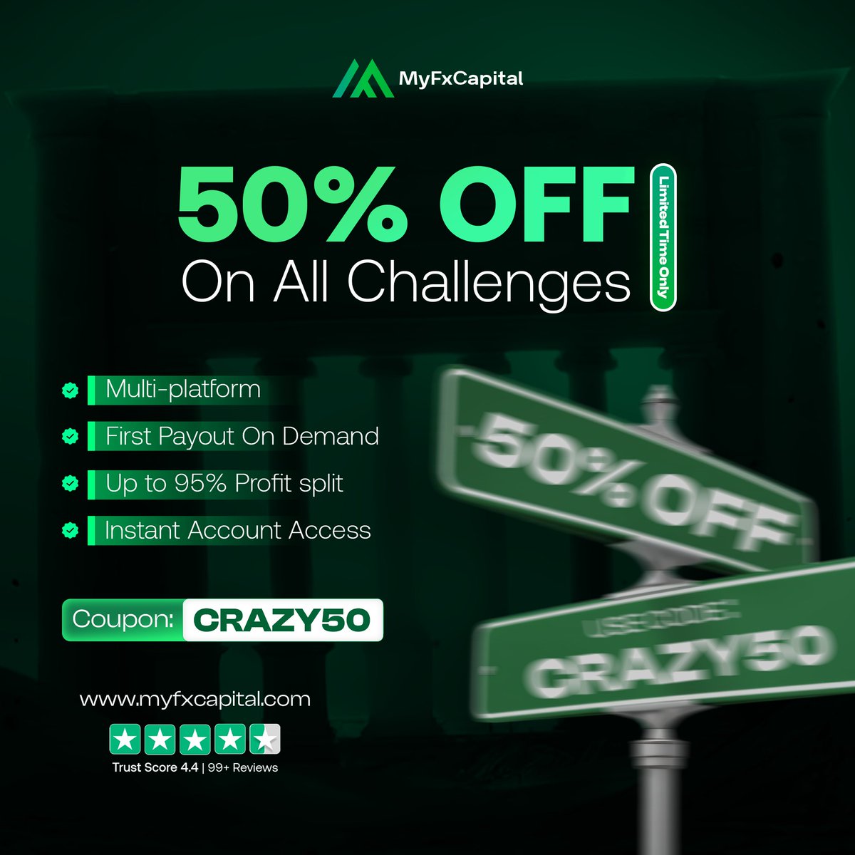 MyFxcapital_'s tweet image. Best Offer Just For You!🔥

Enjoy 50% discount on all account sizes and types when you apply code CRAZY50 at checkout

Trade on multiple platforms (MT5 and MatchTrader)✅

Enjoy excellent trading conditions✅

Get paid without delay✅

Keep up to 95% profit✅

Don’t miss the…