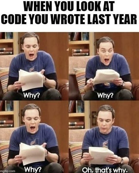 deepak4tech's tweet photo. When you look back at your code after a year… and there’s zero documentation 😂

#coding #codingmemes #progragmming #cleancode #codecomments https://t.co/5FWMEpalhp