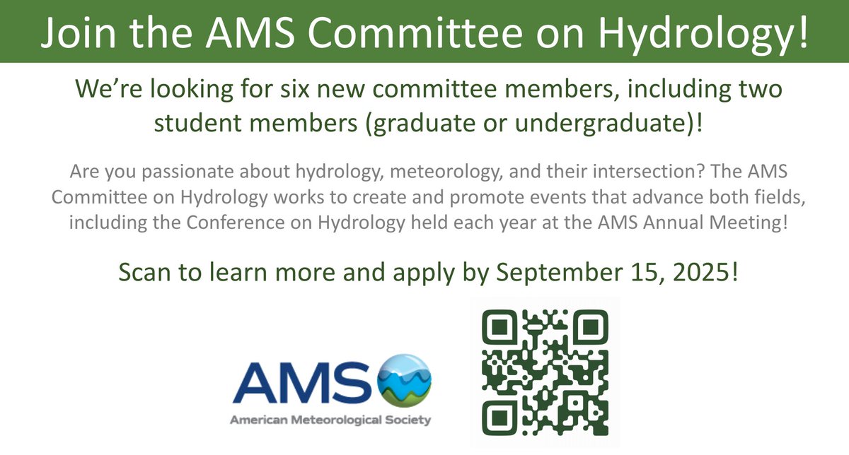 We are excited to announce openings for SIX new members to join the <a href="/ametsoc/">American Meteorological Society</a>  Committee on Hydrology! We are looking for 2 undergrad/grad student members and 4 regular members.

Applications are due September 16 (CV and letter of interest required): forms.gle/qKdsLTTK1k9eX3…