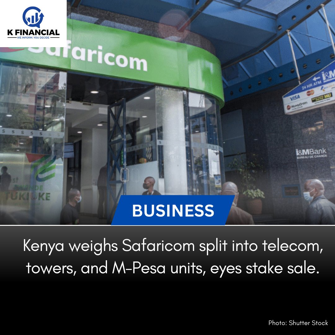 TheKFinancialNews (@kfinancialnews) on Twitter photo Kenya’s government is considering a separation of the nation’s biggest listed company — Safaricom Plc — into three units as part of a process that may include reducing the state’s 35% stake in the mobile-phone operator. Kenya’s government is considering a separation of the nation’s biggest listed company — Safaricom Plc — into three units as part of a process that may include reducing the state’s 35% stake in the mobile-phone operator.