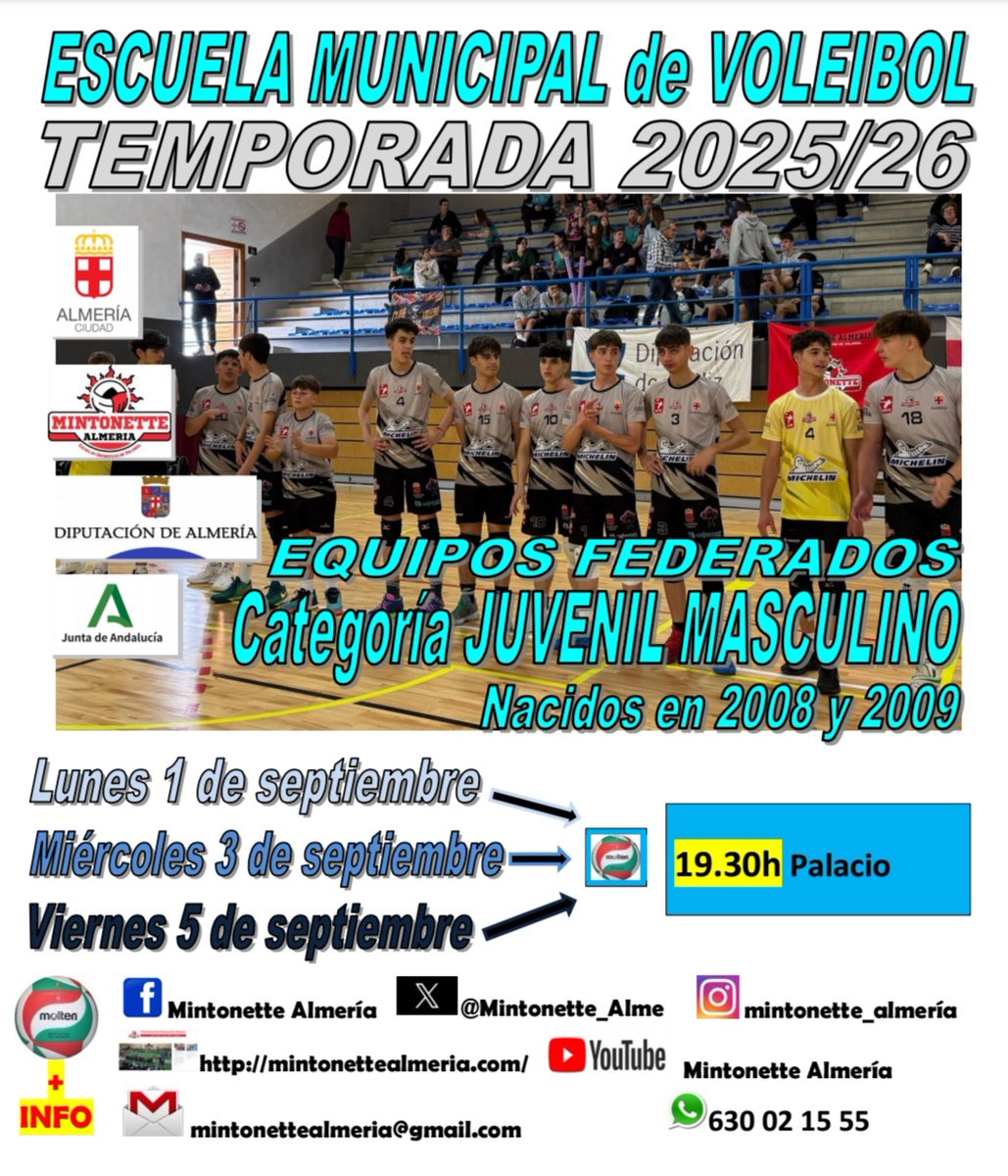 Chicos juveniles que comienzan en la categoría.
Lunes 1 a las 19.30.
<a href="/PMDAlmeria/">PMD Almería</a> 
<a href="/dipalme_almeria/">Diputación Almería</a>
