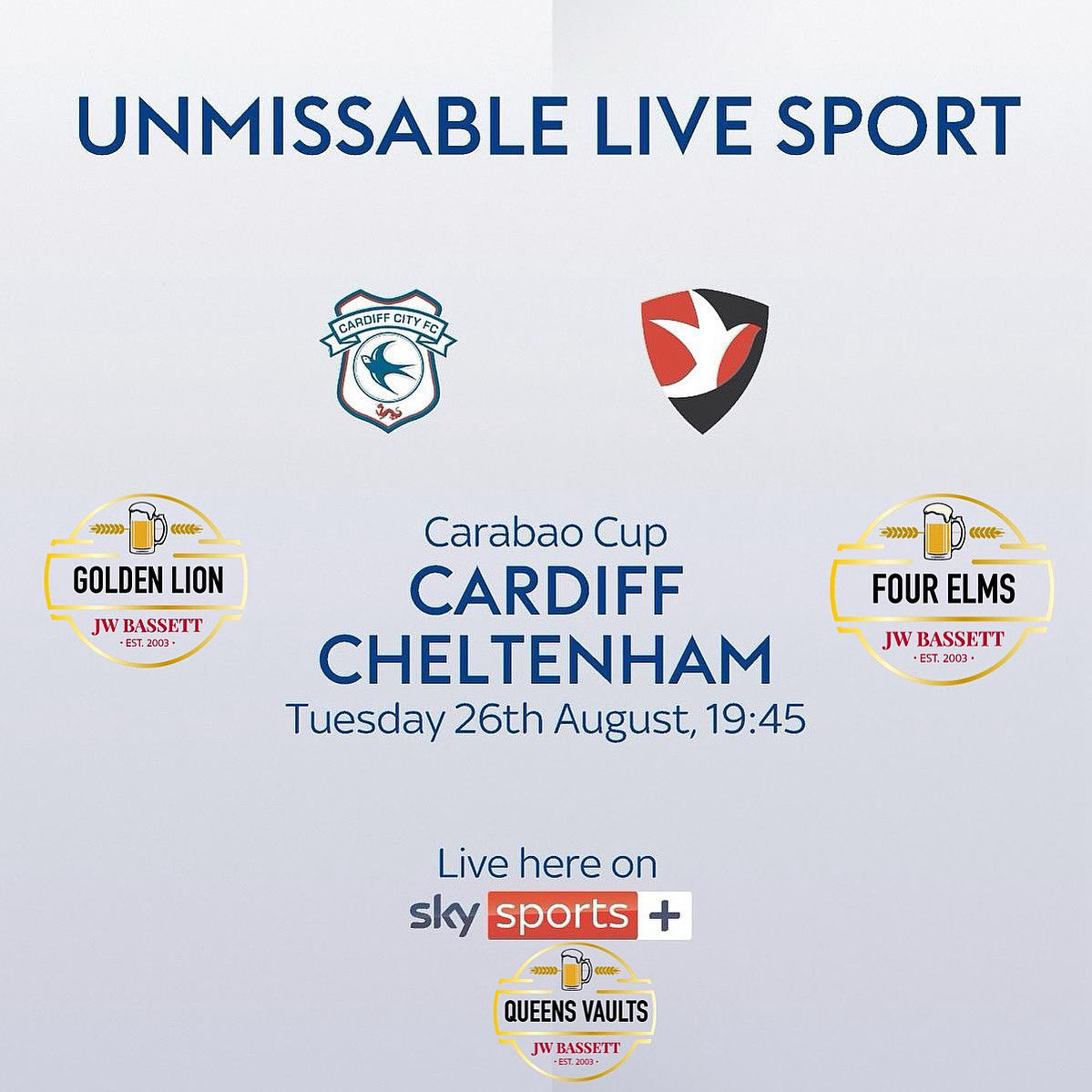 ⚽️ Carabao Cup Action Tonight at The Four Elms !⚽️
It’s Cardiff City v Cheltenham Town – kick off 7.45pm! 🔵⚪️
Catch all the action live on Sky with us 🍻📺

👨‍🍳 Don’t forget our Tuesday Night Meal Deals &amp; NEW MENU – the perfect matchday combo!

👉 jwbpubs.com