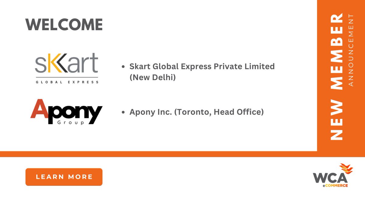 WCAeCommerce's tweet image. Join us in welcoming our newest members this week!

✴️ Skart Global Express Private Limited (New Delhi)
📌 Learn more: na2.hubs.ly/y0VdMR0

✴️ Apony Inc. (Toronto, Head Office)
📌 Learn more: na2.hubs.ly/y0V6BR0

#WCAeCommerceSolutions