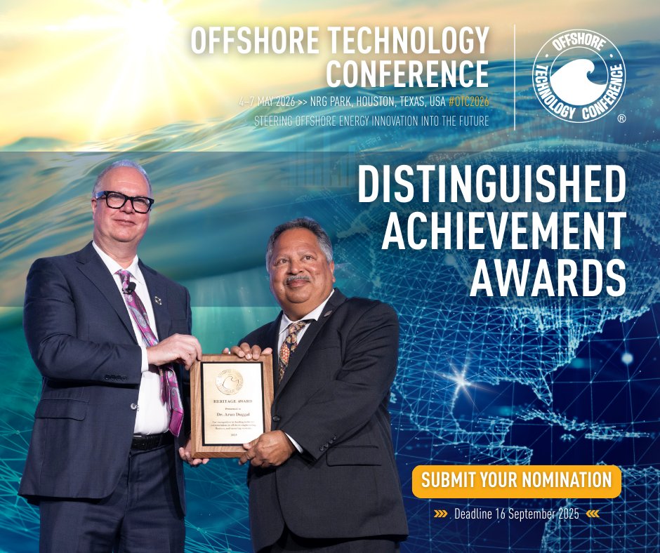 MTSociety's tweet image. Help us find the best and brightest in the offshore energy sector by submitting your nominations for the prestigious OTC Distinguished Achievement Award! 🏆

🔗 Submit your Nominations by September 16: hubs.ly/Q03FqqM10

#IndustryAwards #OTC2026 #OffshoreTechnology