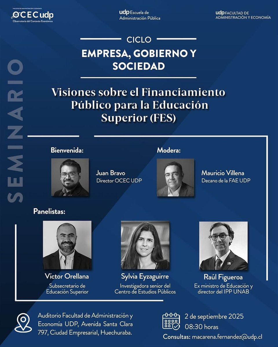 UDP (@udp_cl) on Twitter photo #FAEUDP | El 2 de septiembre se realizará el seminario "Visiones sobre el Financiamiento Público para la Educación Superior (#FES)", en el marco del ciclo de Empresa, Gobierno y Sociedad, de la Facultad de #AdministraciónyEconomíaUDP🗣️
📝Consultas: macarena.fernandez@udp.cl
#UDP #FAEUDP | El 2 de septiembre se realizará el seminario "Visiones sobre el Financiamiento Público para la Educación Superior (#FES)", en el marco del ciclo de Empresa, Gobierno y Sociedad, de la Facultad de #AdministraciónyEconomíaUDP🗣️
📝Consultas: macarena.fernandez@udp.cl
#UDP