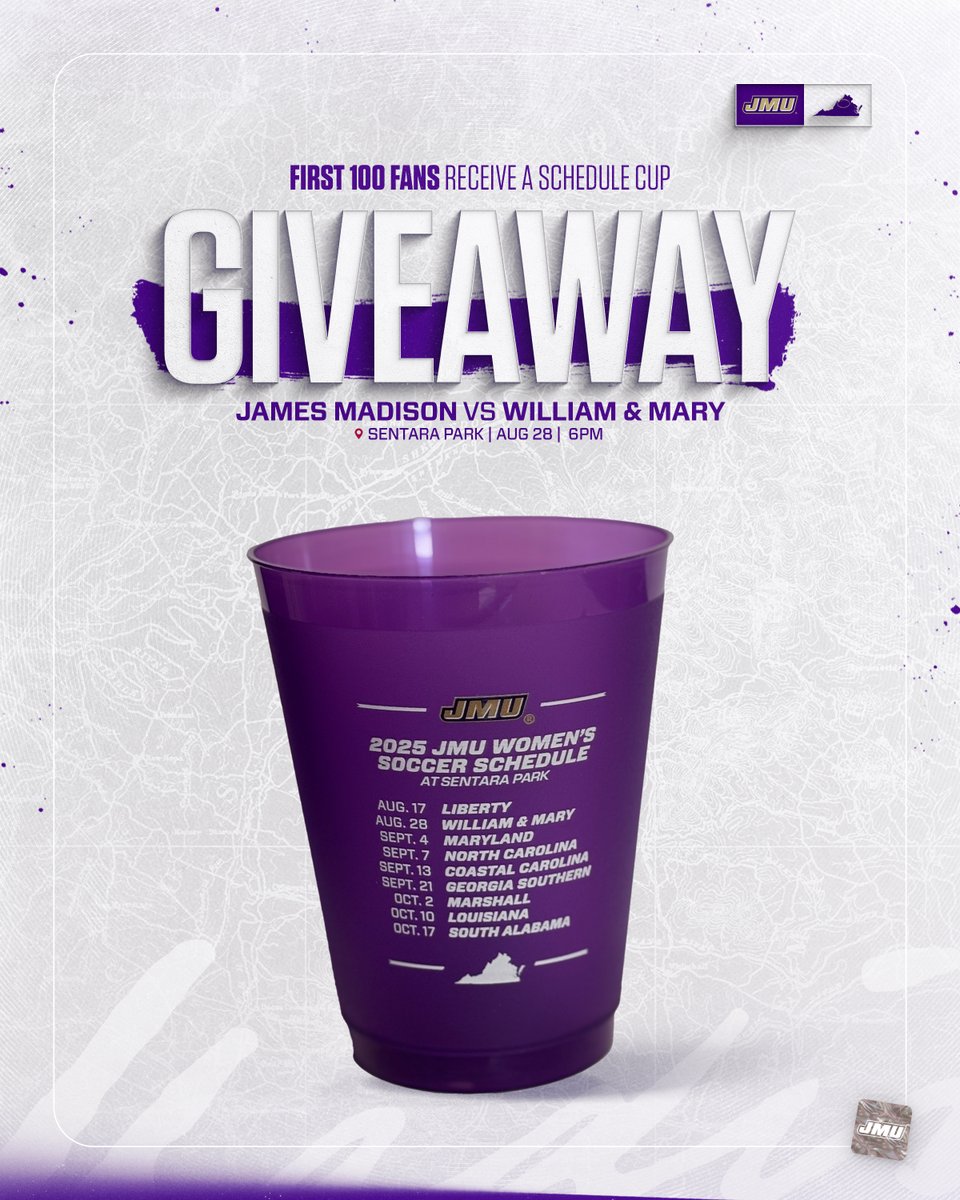 JMUWSoccer's tweet photo. Raise a toast🥤

Come support your women's soccer Dukes this Thursday and receive a free schedule cup while supplies last!

Additionally, JMU students arriving early can claim a discounted hot dog voucher!

#GoDukes https://t.co/ibsp4euMHN