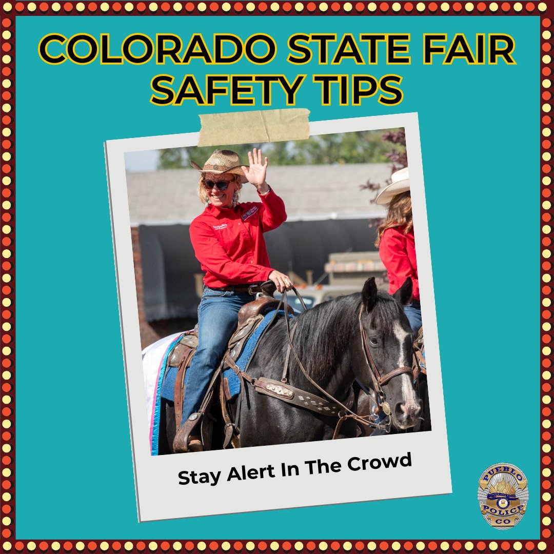 PuebloPolice1's tweet image. Enjoy the fair, but stay aware! Keep your belongings close—consider a crossbody bag or fanny pack. Indulge in the treats and rides, but remember: safety first! 💙 #ColoradoStateFair #SafetyTips #CrimePrevention