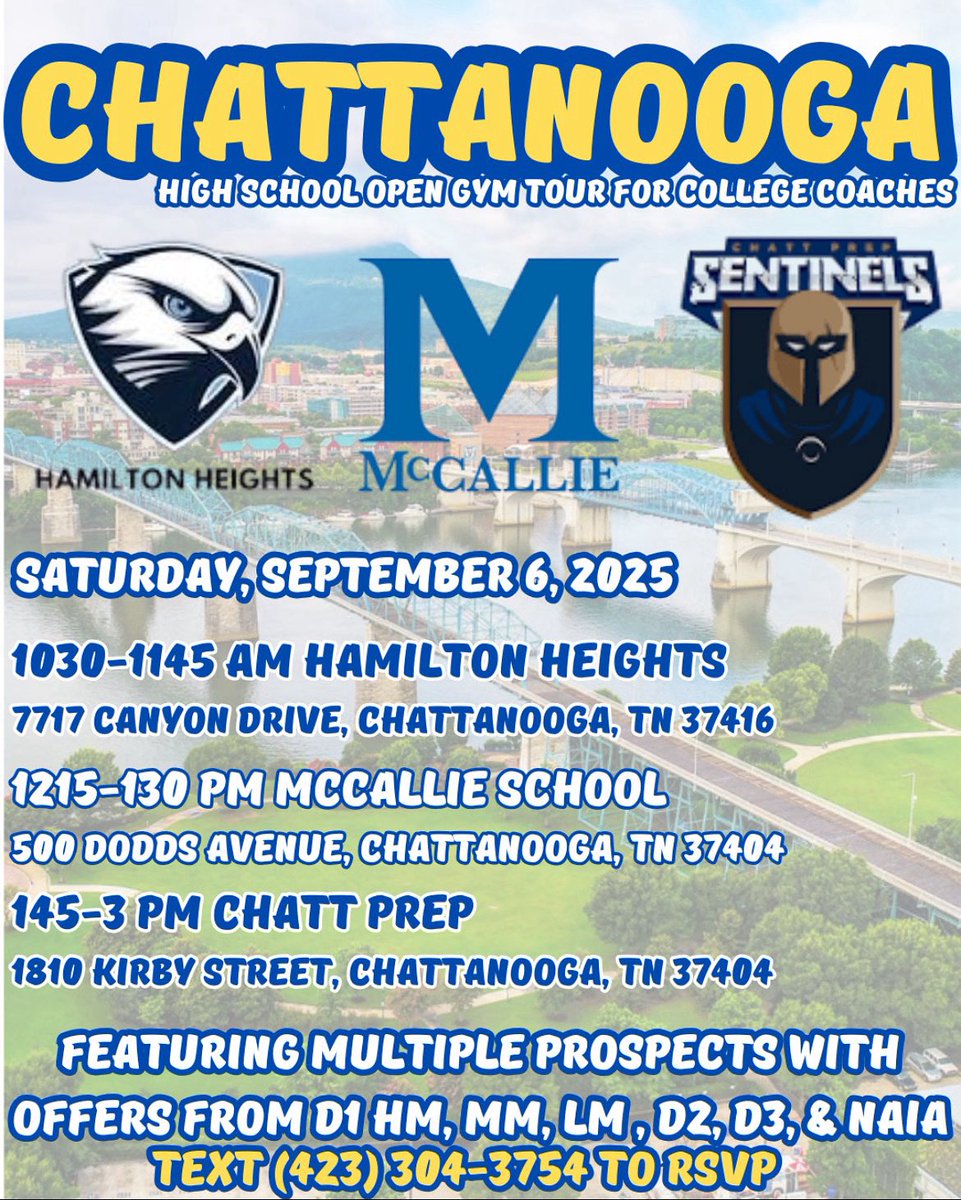 🚨 Revised Chattanooga High School Practice Tour

Hamilton Heights x McCallie x Chatt Prep 

🗓️ Sat. Sept 6 | ⏰ 4 hrs | 🎯 1 city

College coaches (all levels) can evaluate dozens of prospects-many D1 offers VT, WVU, LSU, Texas A&amp;M, Marshall, UNCG, Dartmouth, Rice, Ohio,&amp; more
