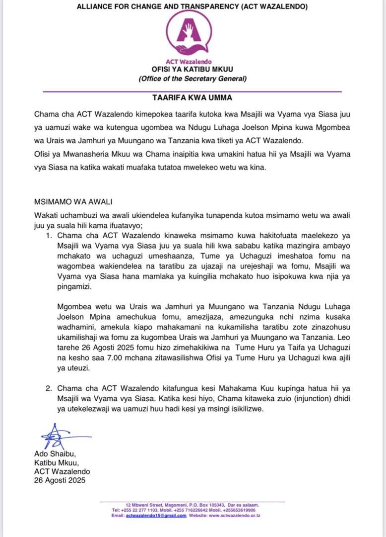 Taarifa ya <a href="/ACTwazalendo/">ACTWazalendo</a> toka ofisi ya Katibu Mkuu, <a href="/AdoShaibu/">Ado Shaibu</a>