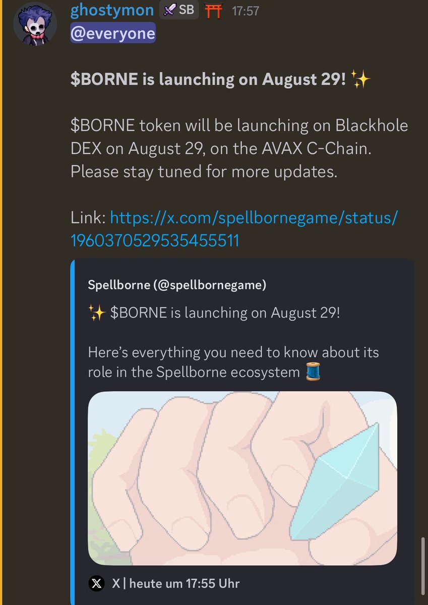 WOOOW the Big announcement is 
finally official ! <a href="/spellbornegame/">Spellborne</a> 

$borne 29th of August!!! 

on <a href="/BlackholeDex/">Blackhole</a> / Avax - C - Chain 

LFG $borne 🔺

#SpellborneCreate 

SHARE THE WORD!!! It’s HEREEE