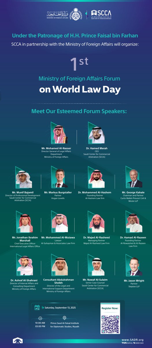المركز السعودي للتحكيم التجاري (@sadrorg) on Twitter photo Join us at the Ministry of Foreign Affairs' 1st Forum on the Occasion of #WorldLawDay, featuring a select group of practitioners and legal professionals from the Kingdom of Saudi Arabia.
Several sessions during the forum will focus on immunity, including its principles and Join us at the Ministry of Foreign Affairs' 1st Forum on the Occasion of #WorldLawDay, featuring a select group of practitioners and legal professionals from the Kingdom of Saudi Arabia.
Several sessions during the forum will focus on immunity, including its principles and