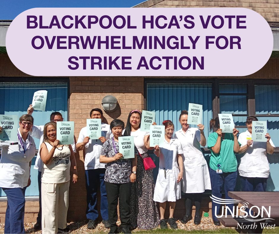 Strike action looms at Blackpool Teaching Hospitals as UNISON HCA’s pulled off a stunning ballot result in their fight for rebanding and backpay, with an incredible 98% voting for strike action. 1/