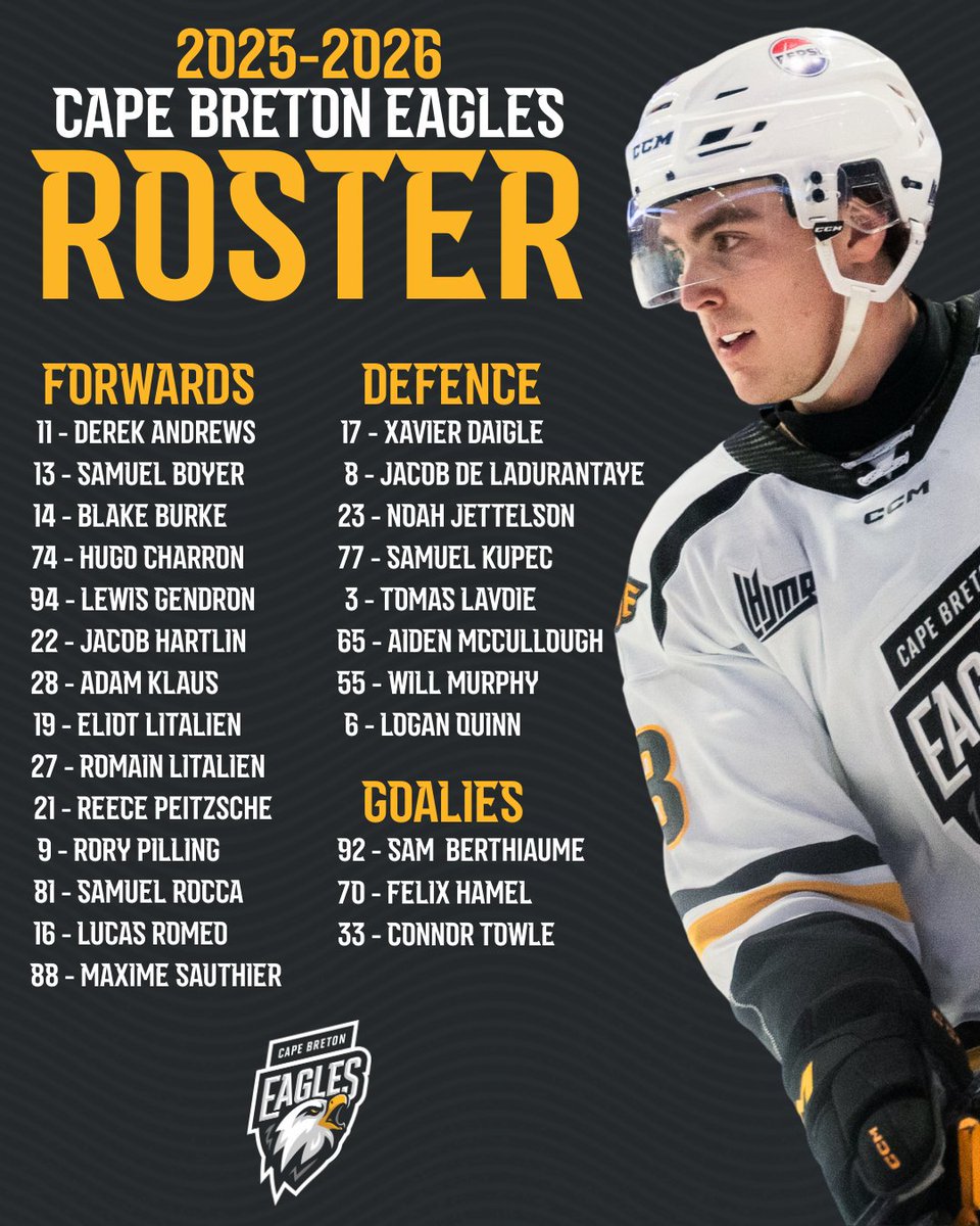 Cape Breton Eagles (@cbehockey) on Twitter photo Eagles fans, here is your 2025-26 Cape Breton Eagles roster. Eagles fans, here is your 2025-26 Cape Breton Eagles roster.