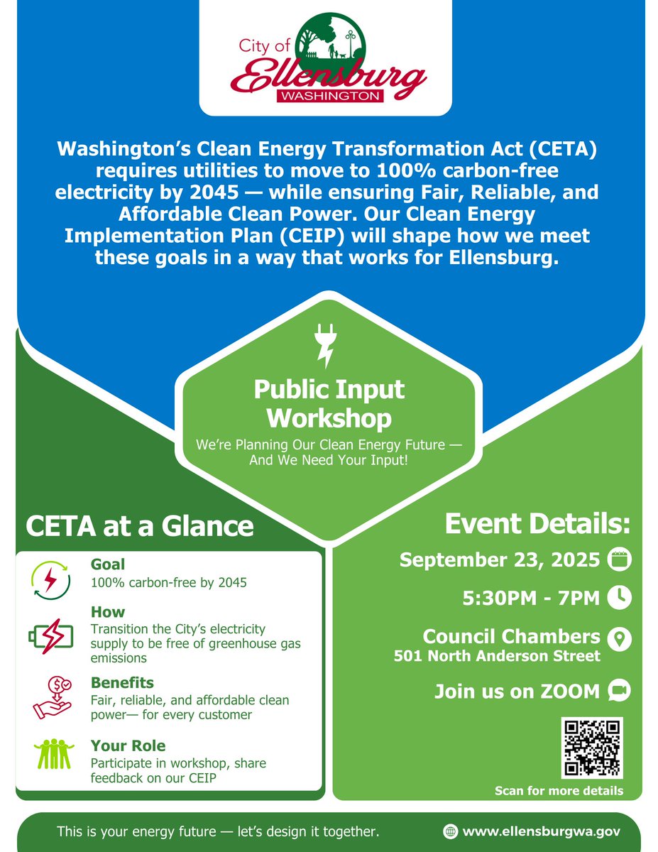 The City of Ellensburg is holding a public input workshop for community members to provide feedback on the City’s Clean Energy Implementation Plan. The workshop will be from 5:30-7 p.m. on Sept. 23 in the Council Chambers, 501 N. Anderson St.  Learn more: ellensburgwa.gov/ceip