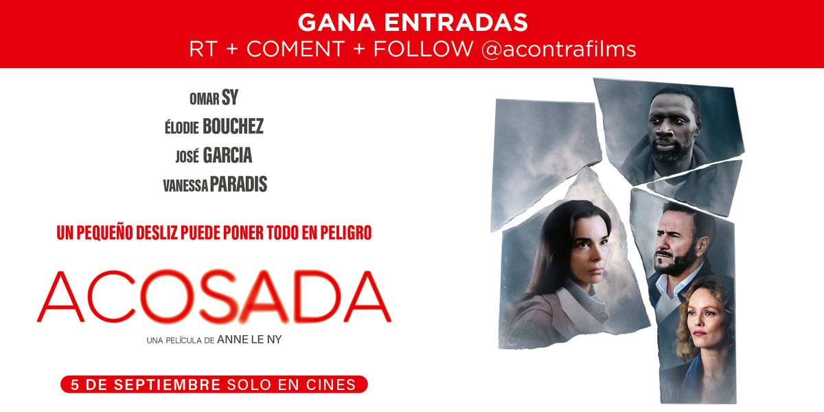 ✨ SORTEO ✨

🍿 Gana un pack de entradas dobles para ver 'Acosada' de Anne Le Ny: un thriller psicológico sobre los celos y la obsesión protagonizado por Omar Sy, Élodie Bouchez, José Garcia y Vanessa Paradis.

Para participar:
🔁 Dale RT a esta publicación 
💬 Menciona con