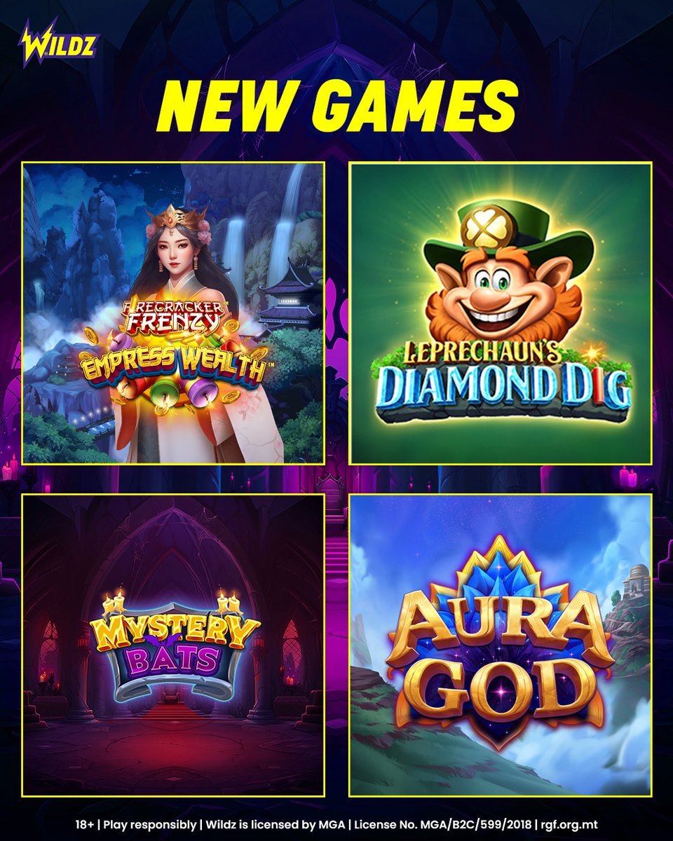 New Games Released 🕹️

- Firecracker Frenzy Empress Wealth
- Leprechaun's Diamond Dig
- Mystery Bats
- Aura God

T&amp;Cs Apply | 18+ | Please Gamble Responsibly | Wildz is fully licensed by The Malta Gaming Authority MGA/B2C/599/2018 | gamblingtherapy.org

#newgames #newslots