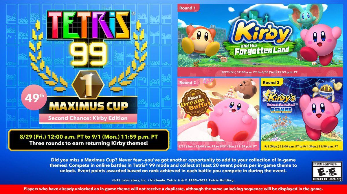 NinWire's tweet image. Tetris 99’s upcoming Maximus Cup will recycle a few older Kirby themes for players who missed out. 

nintendowire.com/news/2025/08/2…