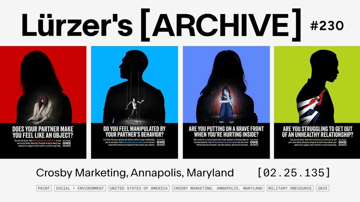 We’re proud that our Military OneSource domestic abuse prevention campaign has been featured in <a href="/LuerzersArchive/">Lürzer's Archive</a>, a renowned publication showcasing the world’s best in creative advertising: luerzersarchive.com/work/inside/.