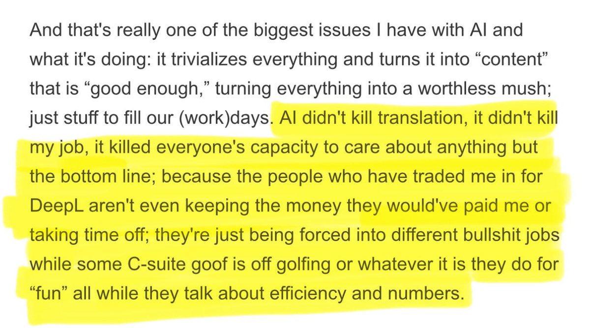 ichbinGisele's tweet image. “It’s not overly dramatic to say that we risk losing the capacity for cultures to understand one another better if we’re all simply feeding output into each other’s automated translation systems.”
AI killed my job: Translators
🔗 bloodinthemachine.com/p/ai-killed-my…