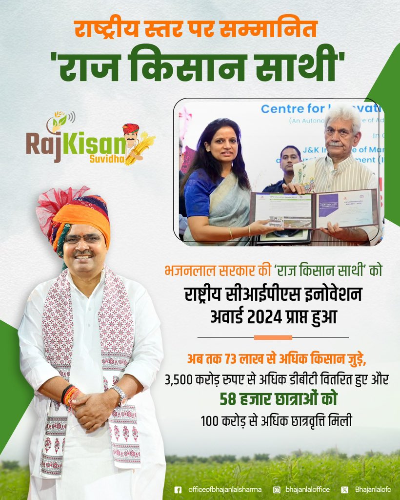 Bhajanlalofc's tweet photo. माननीय मुख्यमंत्री श्री भजनलाल शर्मा जी के नेतृत्व में 'राजकिसान साथी' को प्राप्त हुआ राष्ट्रीय सीआईपीएस इनोवेशन अवार्ड।

@BhajanlalBjp https://t.co/jHJ3ntczbB