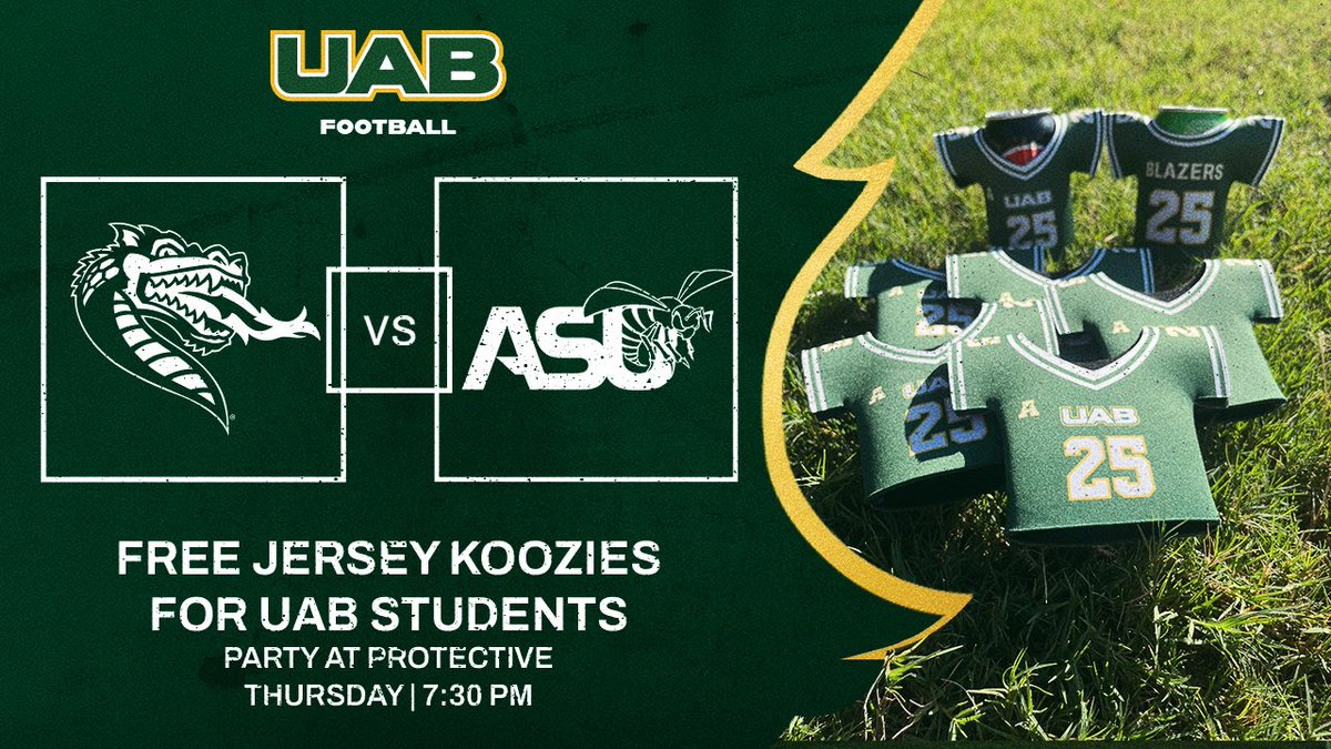 UAB_Athletics's tweet image. 🏈 Party at Protective - Thursday! 

🍻 $5 domestics (21+)
🆓 Jersey Koozies for @UABNews students
⏰ 7:30 pm kickoff 

#WinAsOne | 🎟️: uabsports.com/tickets