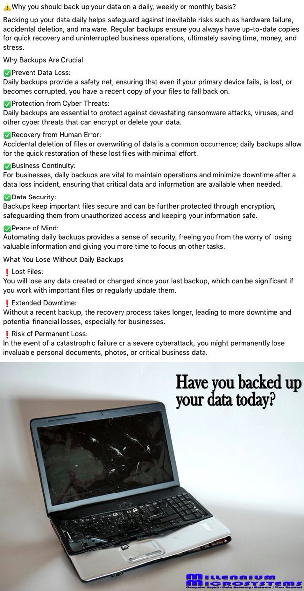 mmicrosysm's tweet photo. Why you should back up your data on a daily, weekly or monthly basis?
Backing  up your data daily helps safeguard against inevitable risks such as  hardware failure, accidental deletion, and malware. https://t.co/ZE2PrHacw6