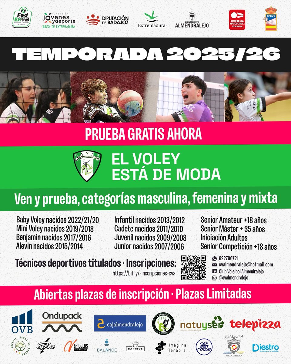 🏐𝐄𝐋 𝐕𝐎𝐋𝐄𝐈𝐁𝐎𝐋 𝐀𝐋𝐌𝐄𝐍𝐃𝐑𝐀𝐋𝐄𝐉𝐎 𝐒𝐄 𝐀𝐁𝐑𝐄 𝐀 𝐓𝐎𝐃𝐀𝐒 𝐋𝐀𝐒 𝐄𝐃𝐀𝐃𝐄𝐒

El Club Voleibol Almendralejo ha puesto en marcha una nueva campaña de captación de jugadores con el objetivo de seguir ampliando su cantera y fomentar la práctica de este deporte en