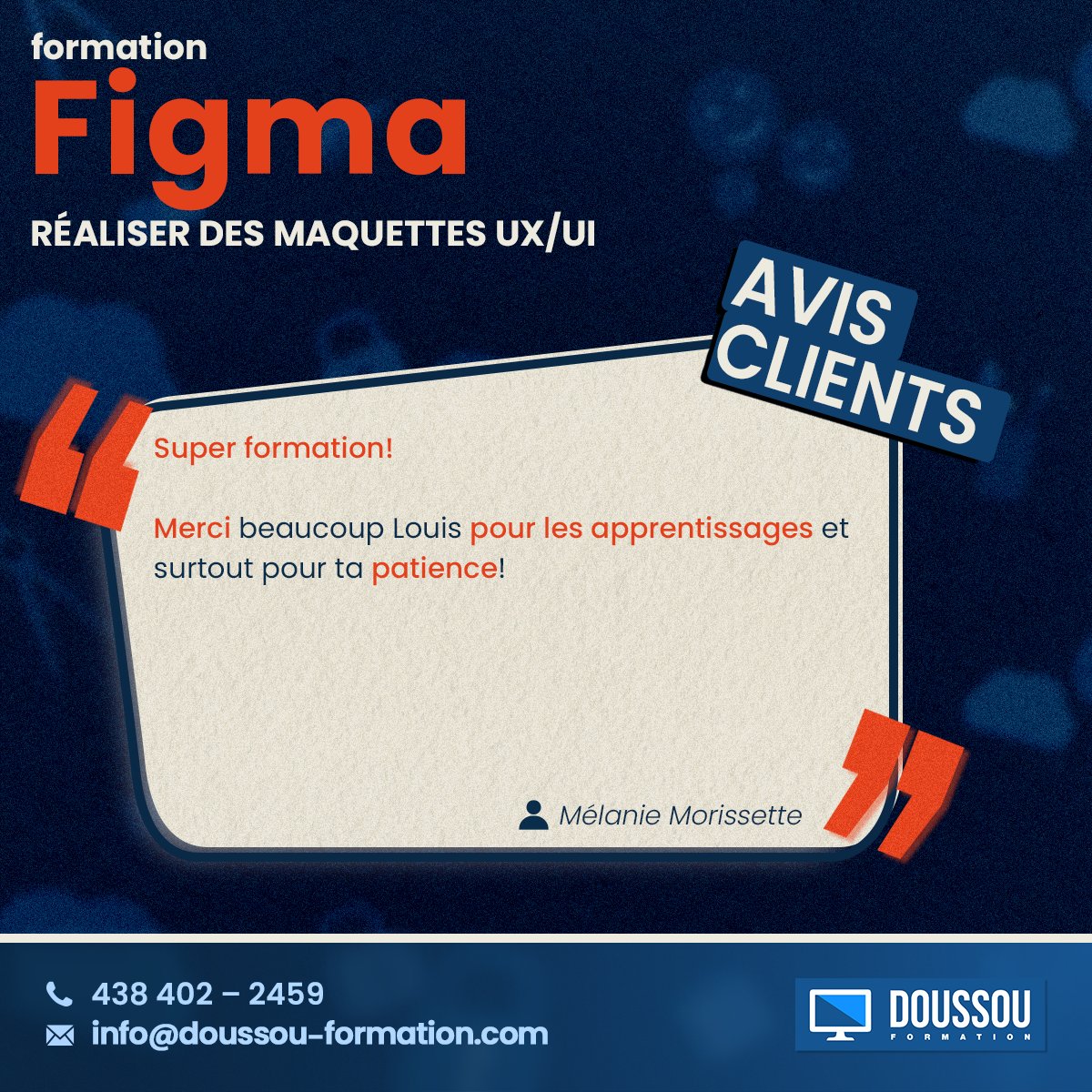 DoussouInc's tweet image. Ce sont nos participants qui en parlent le mieux.
👉Formation Figma – UX/UI
📍 En ligne ou à Montréal
📩 info@doussou-formation.com
#Figma #uxui  #DesignWeb #formation  #TémoignageClient #Montreal  #DoussouFormation