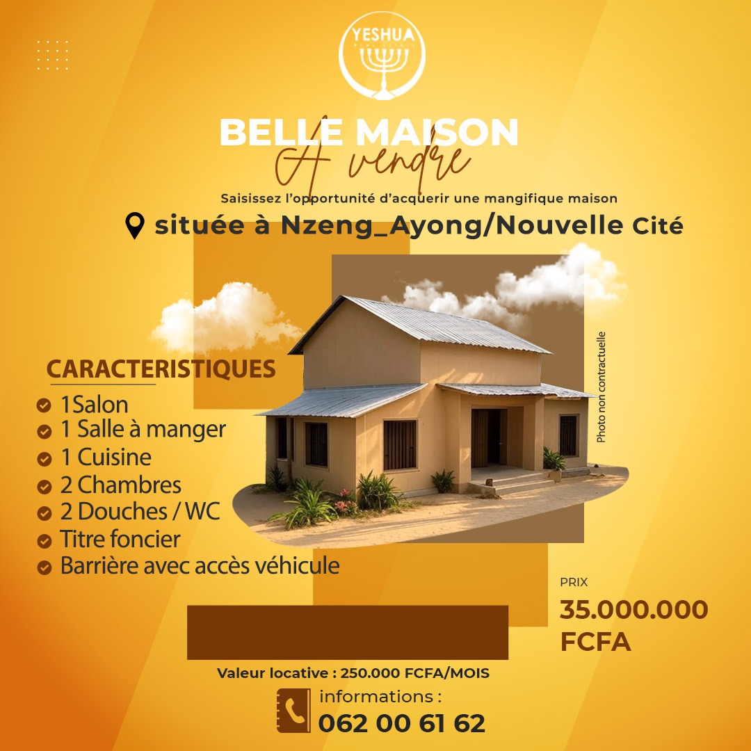 BELLE MAISON  À VENDRE 
NZENG AYONG / NOUVELLE CITE
35 000 000 FCFA*;
250 000 FCFA de revenus locatifs par mois;
1 salon;
1 salle à manger;
1 cuisine;  
1 Terrasse;
2 chambres;
2 douches / WC;
- Dans la barrière;
- Accès pour les véhicules;
Documents: TF;