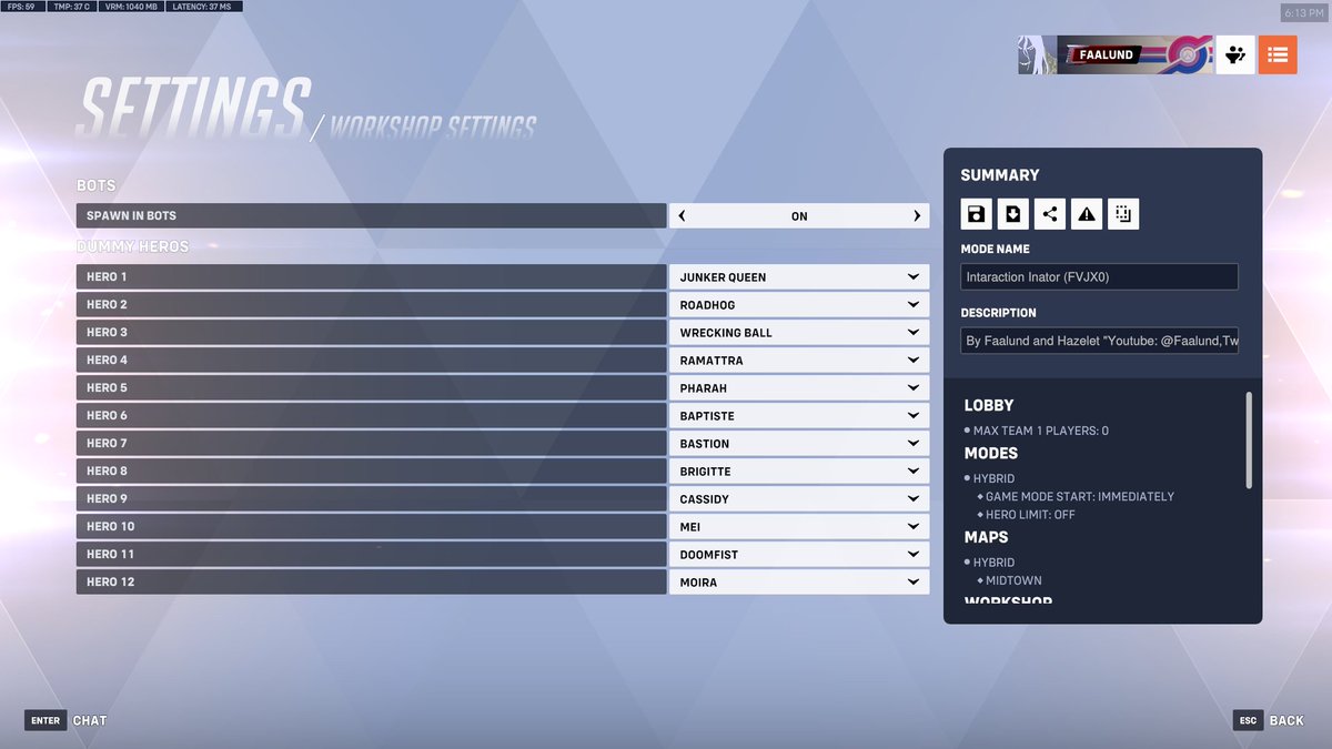 Interaction Inator Code (FVJX0)  This is a tool I made with the help of <a href="/HazeletOW/">Hazelet</a>  to make it easier to find voicelines by having more heros on the same team at the same time and it will loop setup forever so no need to worry about restarting a lobby

Happy Hunting!