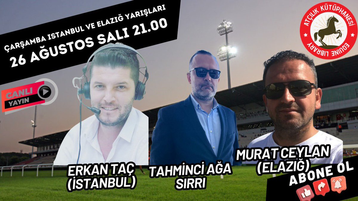 Bu akşam saat 21:00 İstanbul’da Mikrofonlarımız Erkan Taç <a href="/erkantacccc/">erkan tac</a> saat 22:00 🕙 da. Elazığ’da Murat Ceylan <a href="/MURAT20302272/">MURAT CEYLAN</a> bizlerle birlikte olacak
27 Ağustos Çarşamba İSTANBUL ve ELAZIĞ Koşu Yorumları | Erkan Taç, Murat... youtube.com/live/iFgCtkQEx… <a href="/YouTube/">YouTube</a> aracılığıyla