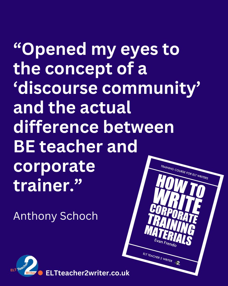 Corporate trainer? This book will help you create materials that are bespoke to your clients. Evan Frendo shows you techniques for researching discourse practices within the company, how to interpret data gathered &amp; how to feed it into the writing process.
eltteacher2writer.co.uk/our-books/how-…