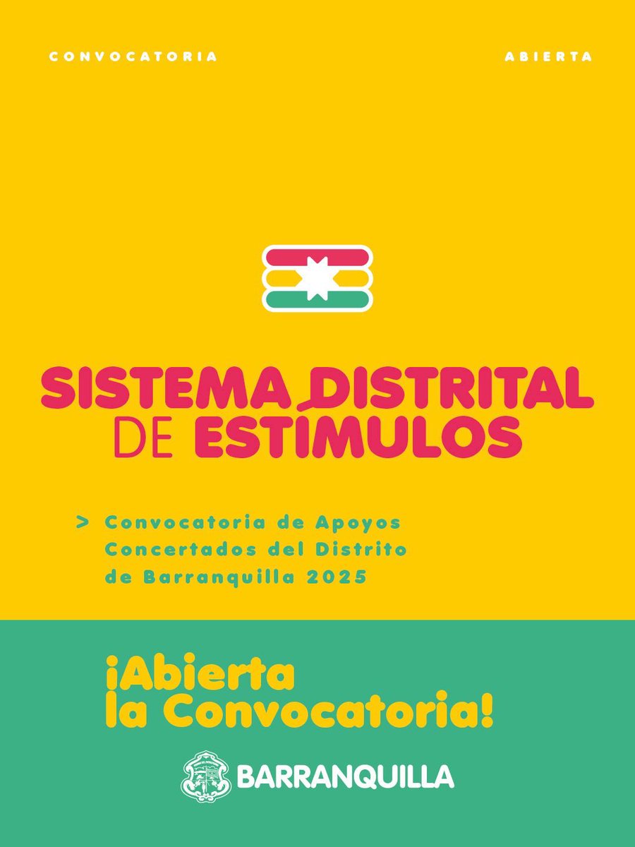 AlejandroChar's tweet photo. ¡Ya están abiertas las convocatorias del Sistema Distrital de Estímulos 2025! 👏🏼

Si eres artista o haces parte de una agrupación, donde la danza, la música, la literatura, las artes escénicas, el cine, el teatro y muchas expresiones más son las protagonistas, puedes acceder al Portafolio de Estímulos para hacer realidad tus proyectos y conectar a Barranquilla con nuevas ideas y propuestas.

Y si eres una organización sin ánimo de lucro, Apoyos Concertados te permitirán fortalecer procesos para seguir transformando la vida cultural de nuestra ciudad.

Inscríbete en alguna de las dos convocatorias aquí: https://t.co/xKjGzgnmId