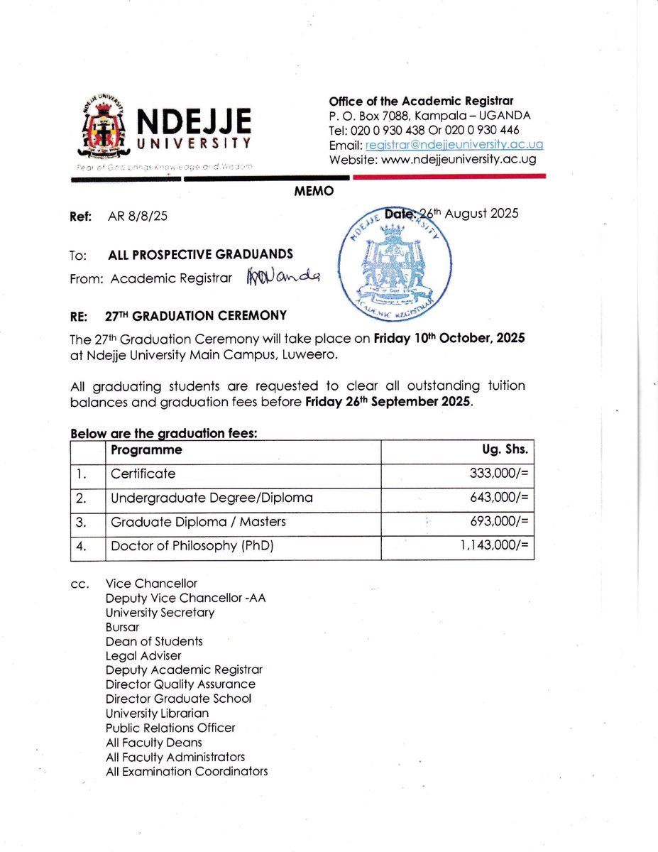 Congratulations to the Class of 2025! 
We’re excited to celebrate our 27th Graduation Ceremony on Friday, 10th October 2025 at the Main Campus, Luweero. 
Let’s make this milestone memorable! 
#Ndejje27thGrad #ClassOf2025 #NdejjeUniversity