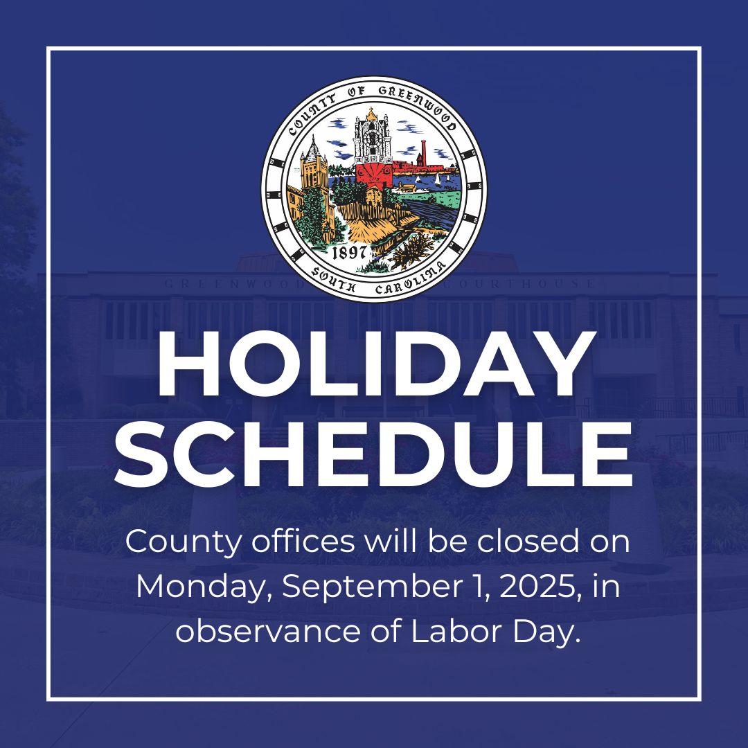 Greenwood County's Labor Day Schedule:

Monday, September 1, 2025
🏛️ County Offices: CLOSED
🏛️ Court Offices: CLOSED
🗑️ County Landfill: OPEN
🗑️ Convenience Centers: OPEN
♻️ Curbside recycle pickup for Monday, September 1st, will be MOVED to Friday, August 29th.