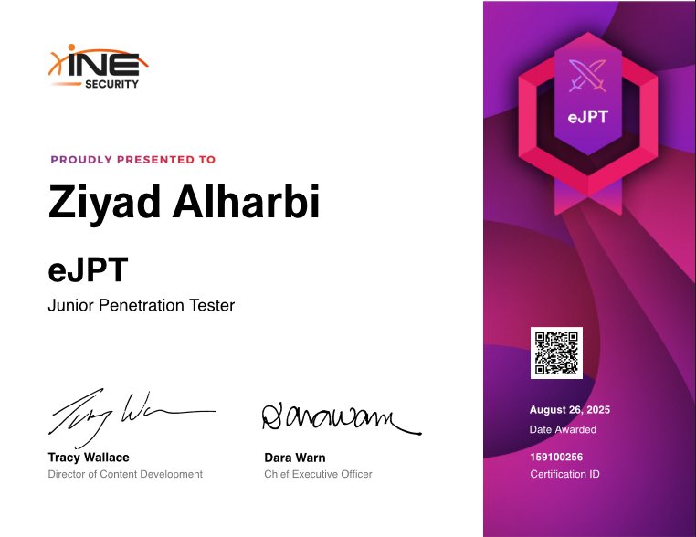 ZiyadAlii's tweet photo. بفضل الله حصلت على ثاني شهادة احترافية eJPT Junior Penetration Testing بداية في اختبار الاختراق واسأل الله ان تكون بداية لفرص اكبر. 🙏🏻 https://t.co/ti81GF97D2