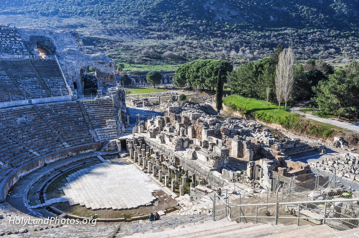 go2Carl's tweet image. Riot in Ephesus — probably the disturbance started by Demetrius the silversmith to protest the preaching of Paul, began in the Lower/Commercial Agora and then moved to the nearby theater (Acts 19:23-41) — Agora in Foreground Theater in Distance