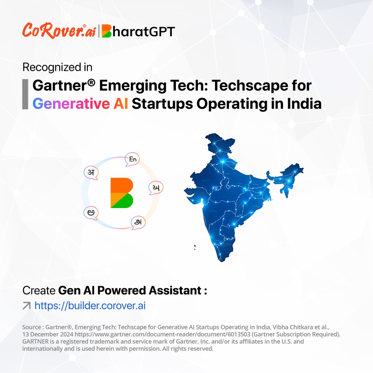 SabharwalAnkush's tweet image. We are pleased to share that @CoRover_App and @bharat_gpt have been recognized in @Gartner_inc&apos;s recent report

#GenerativeAI #AI #ArtificialIntelligence #LLM #AIinIndia #MultilingualAI #VoiceAI #FutureOfAI

(1/7)