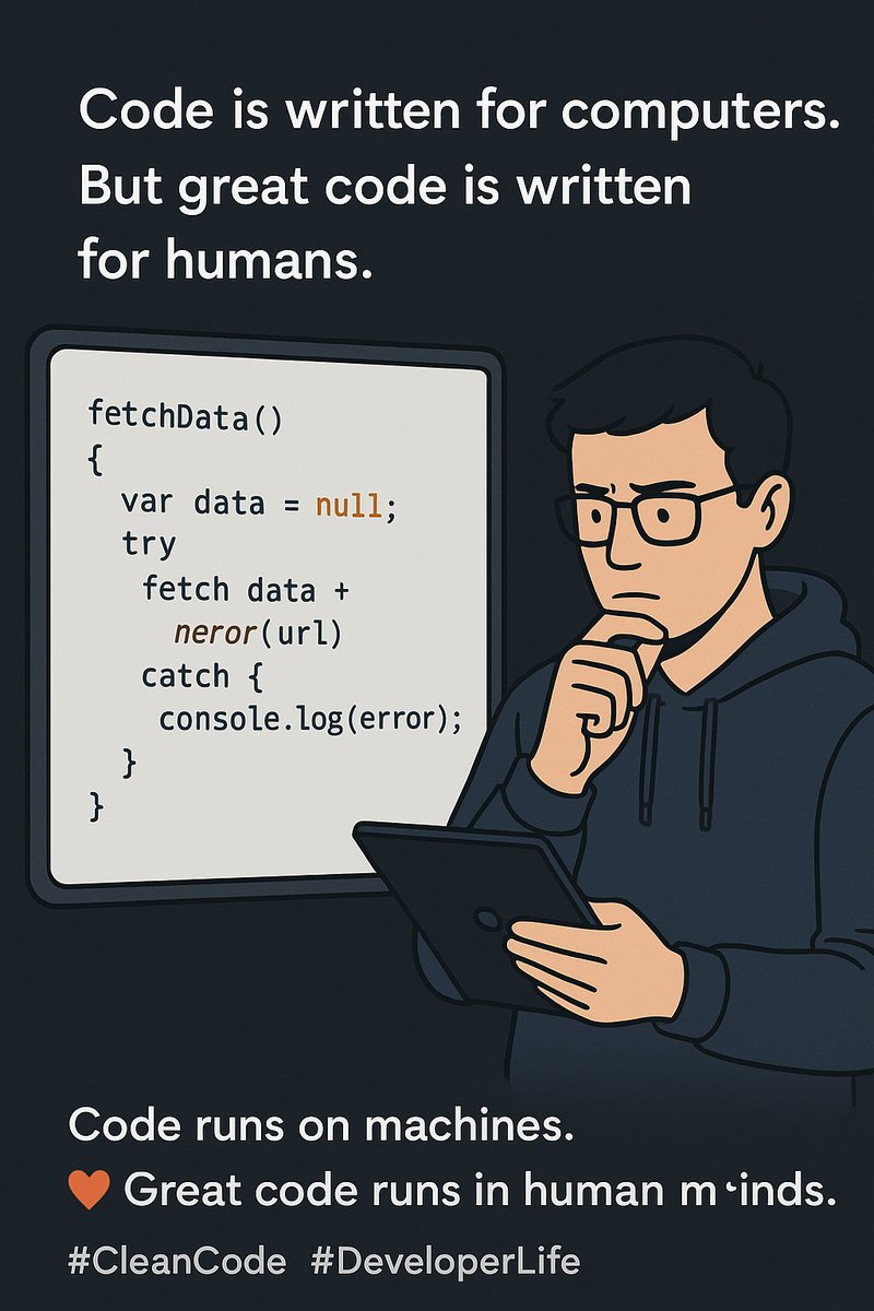 codewithabhiX's tweet image. Computers don’t care if your code looks messy. But humans do.
Write code that future you won’t hate.
#CleanCode #DeveloperLife #buildinpublic
