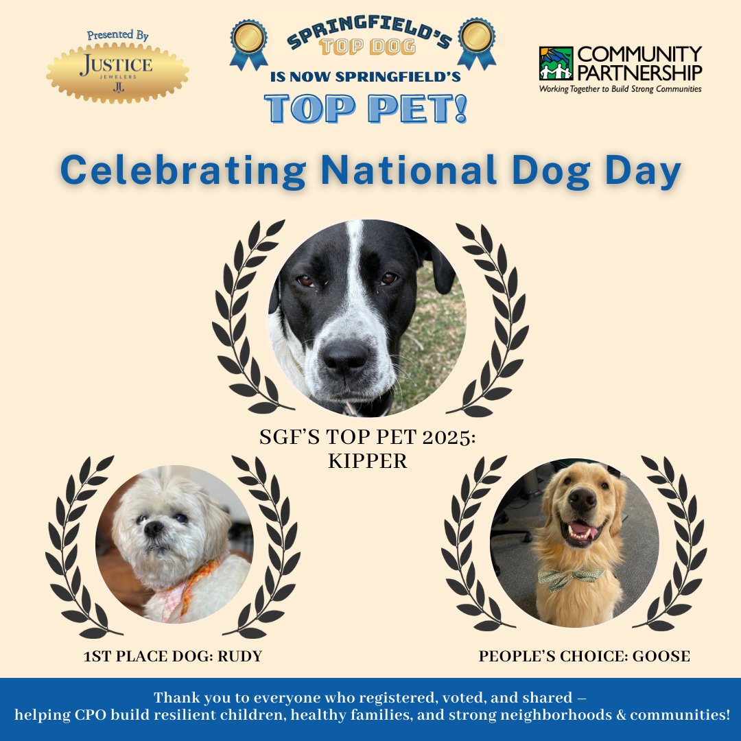 🐾 Happy #NationalDogDay from CPO! 🎉
We’re celebrating with a few of 𝑺𝒑𝒓𝒊𝒏𝒈𝒇𝒊𝒆𝒍𝒅’𝒔 𝑻𝒐𝒑 𝑷𝒆𝒕 2025 Winners — Kipper, Rudy &amp; Goose! 🏆🐶
Thanks for voting &amp; making this a tail-wagging success! Drop your fav pup pics below 👇
#CPOzarks #NationalDogDay2025