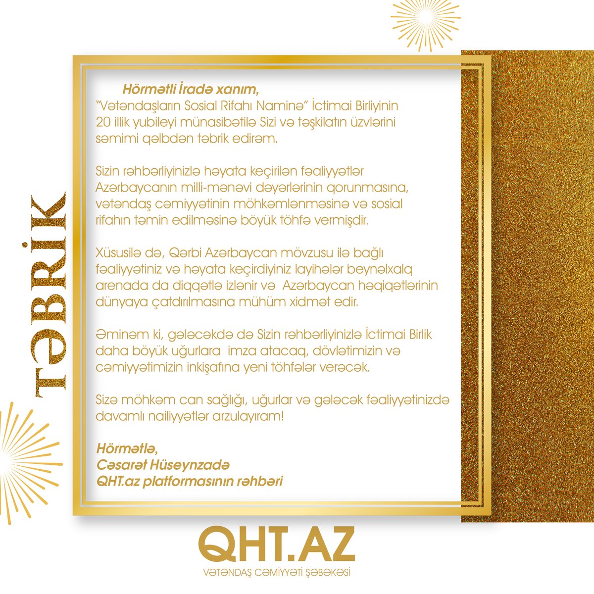 JasaratHuseyn's tweet photo. 🎉@RahimliNadima Congratulations to Ms. Irada Rizazde and the “For Social Welfare of Citizens” Public Union on its 20th anniversary!
Your work has greatly contributed to 🇦🇿 national values, civil society, and social welfare. 👏
#NGO #Azerbaijan https://t.co/XJy8JmF35D