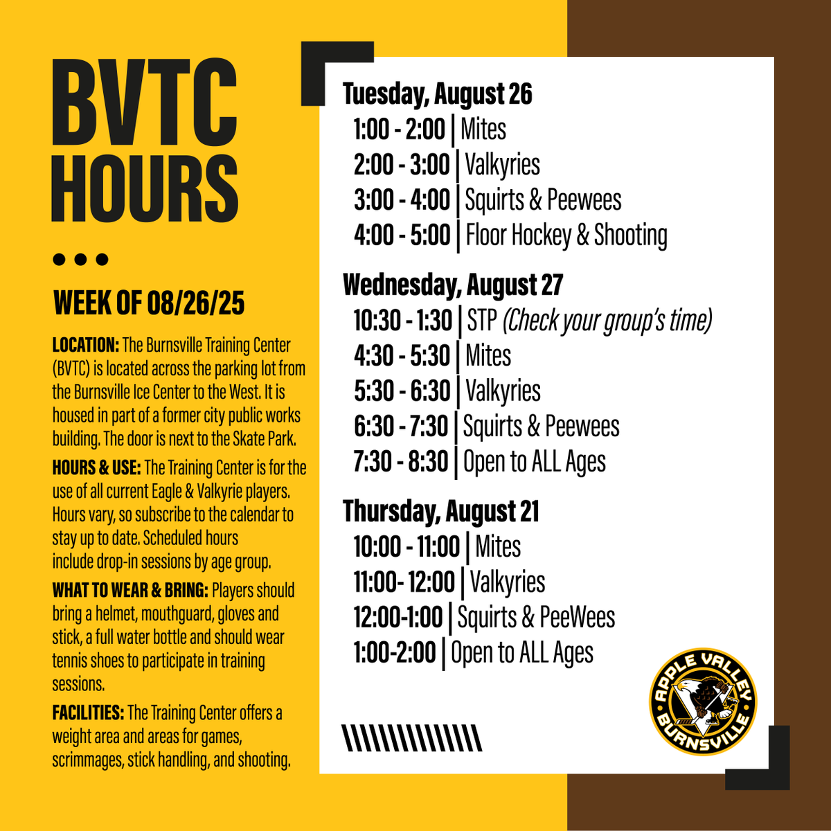 🏒 BVTC HOURS THIS WEEK! 💪🔥
Don't forget your helmet, gloves, stick, water bottle &amp; roller blades! 

See you there! 🦅💪 Full schedule: 👉 avbhockey.com/bvtc
#TrainLikeAnEagle #BVTC #AVBHA