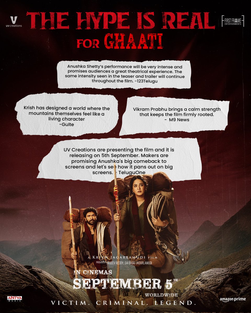 Think Studios (@thinkstudiosind) on Twitter photo THE HYPE IS REAL for #GHAATI 💥💥
Get ready for a world where the mountains speak as 'The Queen' ascends her throne 🌟
#GHAATI GRAND RELEASE WORLDWIDE ON 5th SEPTEMBER 2025 ❤️🔥
⭐ing ‘The Queen’ <a href="/MsAnushkaShetty/">Anushka Shetty</a> & <a href="/iamVikramPrabhu/">Vikram Prabhu</a>
🎥 Directed by the phenomenal <a href="/DirKrish/">Krish Jagarlamudi</a>
🏢 THE HYPE IS REAL for #GHAATI 💥💥
Get ready for a world where the mountains speak as 'The Queen' ascends her throne 🌟
#GHAATI GRAND RELEASE WORLDWIDE ON 5th SEPTEMBER 2025 ❤️🔥
⭐ing ‘The Queen’ <a href="/MsAnushkaShetty/">Anushka Shetty</a> & <a href="/iamVikramPrabhu/">Vikram Prabhu</a>
🎥 Directed by the phenomenal <a href="/DirKrish/">Krish Jagarlamudi</a>
🏢