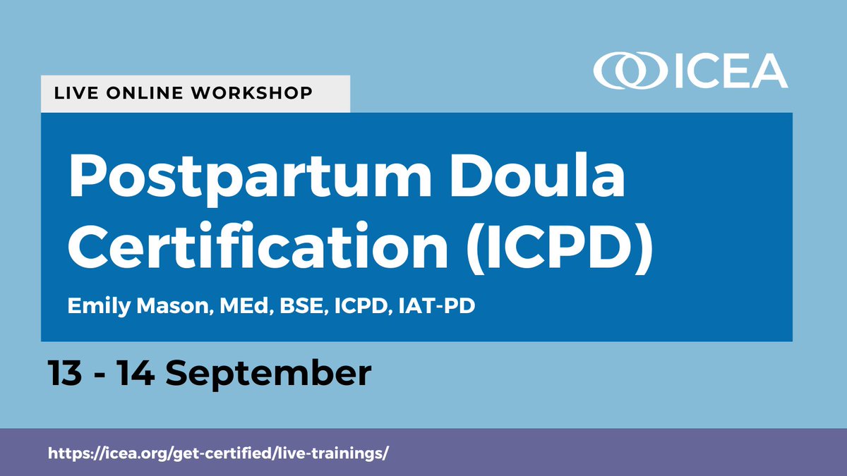 Emily Mason's Postpartum Doula Certification Workshop is selling out FAST!

Don't miss the chance to join Emily for a live virtual workshop starting in September. Only one spot remaining!

👉 Register Today: icea.org/event/icea-cer…

#PostpartumDoula