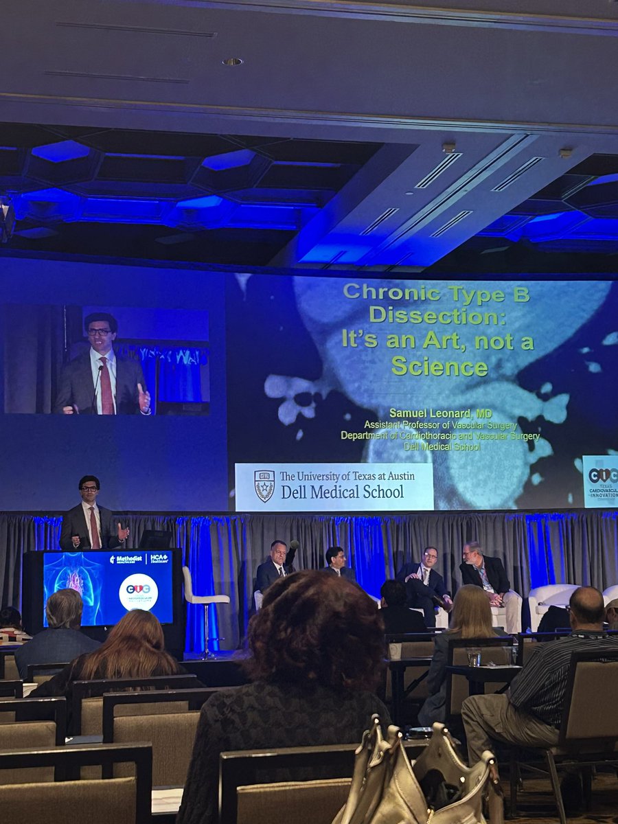 DellMedVascular's tweet image. Dr. Leonard presenting at the Texas Cardiovascular Innovations Conference this past weekend. He discussed the UT Austin Dell Medical School experience achieving aortic remodeling in the treatment complex Chronic Type B Aortic Dissections! A collab effort w/ @DellMedCardiac 🤩