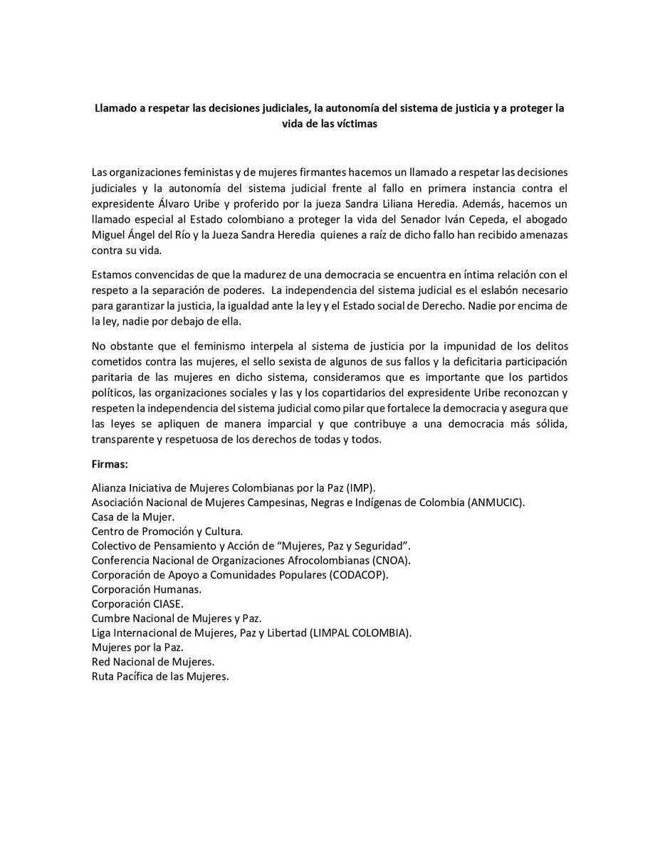 #Entérate Organizaciones feministas y de mujeres hacemos un llamado a respetar las decisiones judiciales y  proteger la vida del Senador Iván Cepeda, del abogado Miguel Ángel del Río y  de la Jueza Sandra Heredia. <a href="/IvanCepedaCast/">Iván Cepeda Castro</a> <a href="/migueldelrioabg/">Miguel Angel Del Río Malo</a>